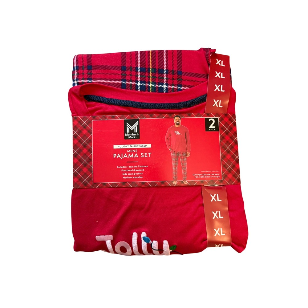 Member's Mark Mens Pajama Set XL Red Jolly Crew Plaid Holiday Family Sleep 2pc